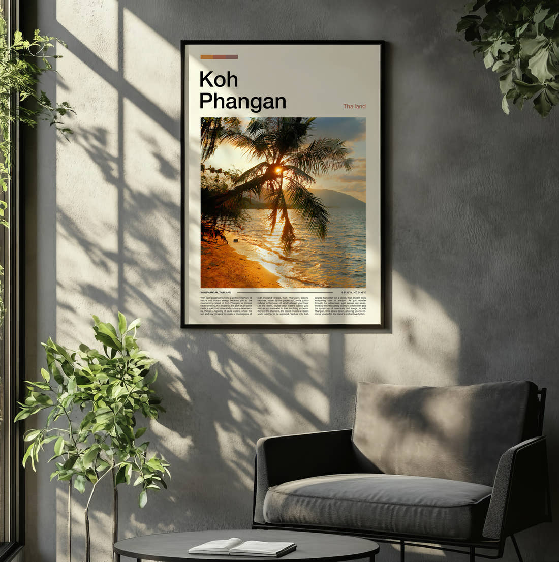 Koh Phangan Palm Trees At Sunset Travel Print framed on the wall of a relaxed living room