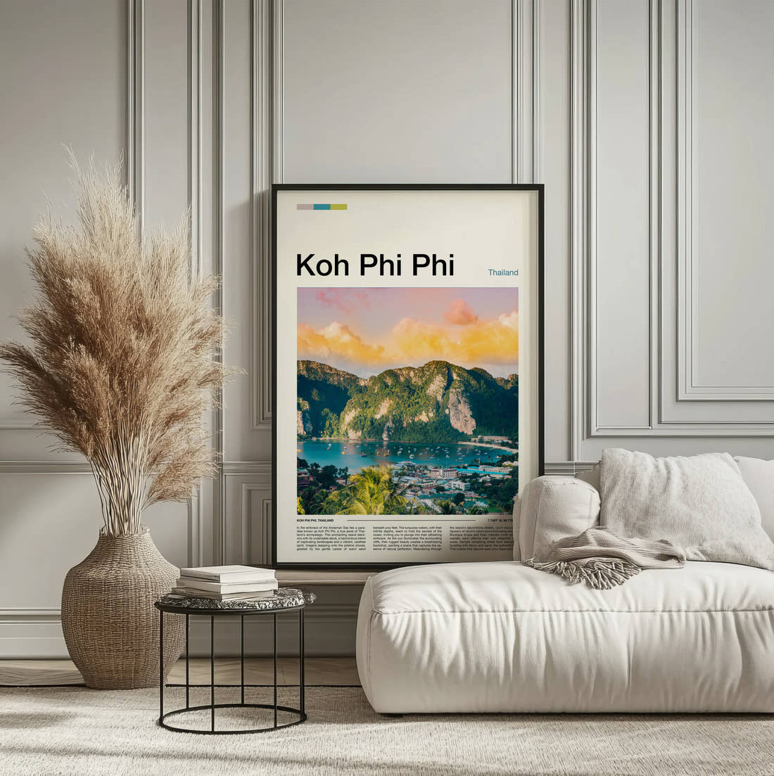 Koh Phi Phi Bay From The Viewpoint Travel Print framed on the wall of a calm, neutral bedroom