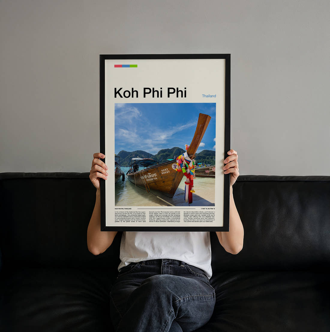 Koh Phi Phi Longtail Boat Travel Print held up by hand to show the size of the print