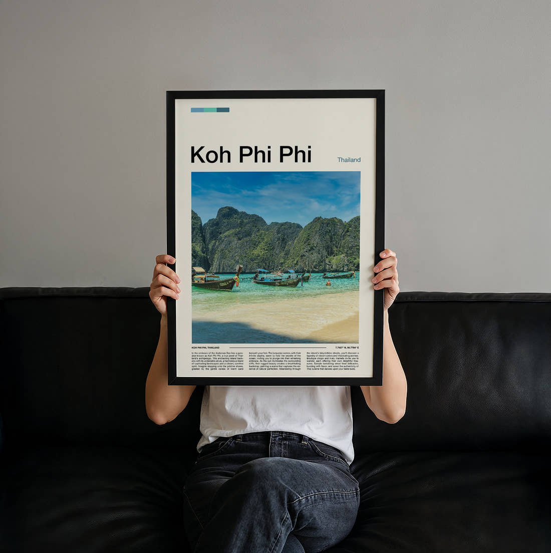 Koh Phi Phi Longtail Boats In Bay Travel Print held up by hand to show the size of the print