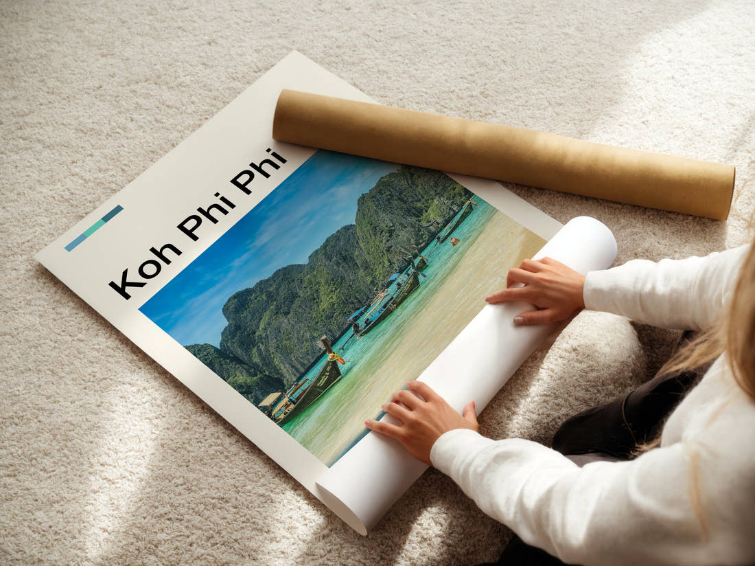 Koh Phi Phi Longtail Boats In Bay Travel Print being unrolled from its postal tube