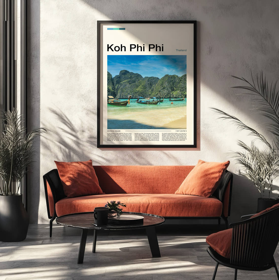 Koh Phi Phi Longtail Boats In Bay Travel Print framed on the wall of a modern living room