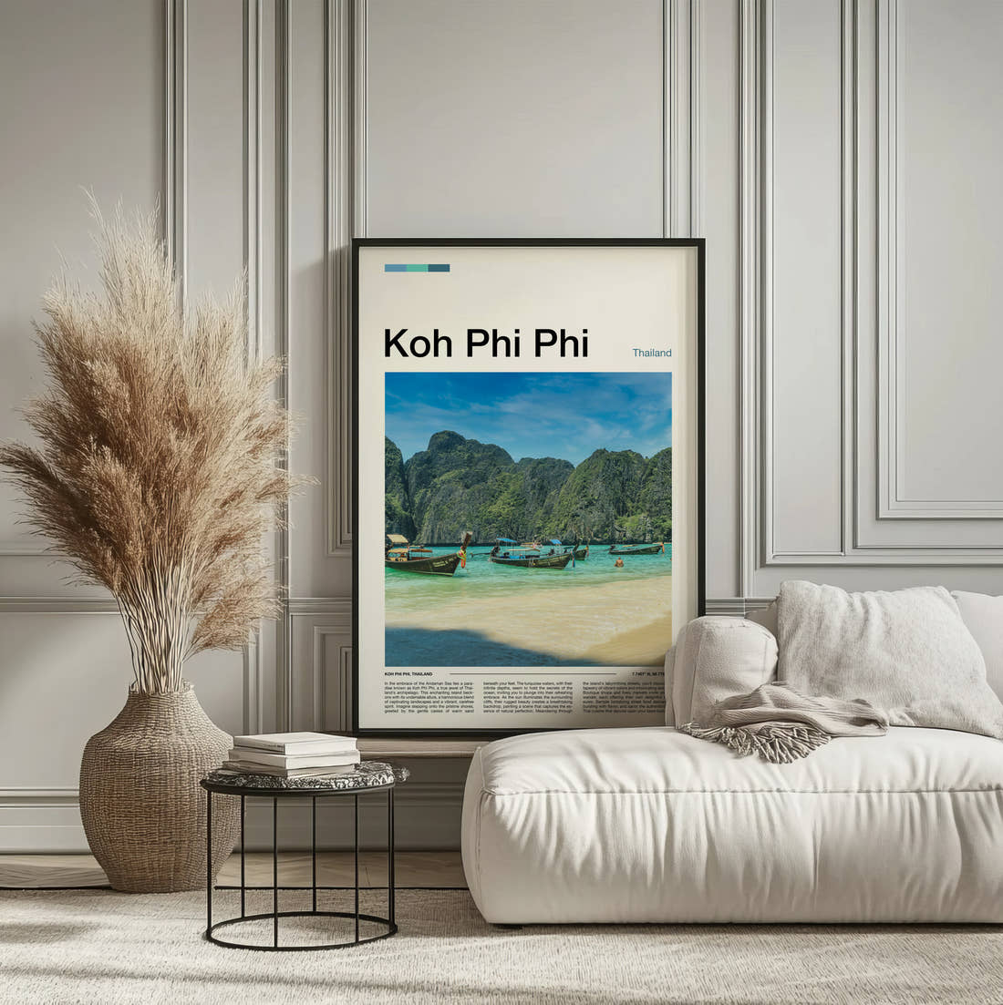Koh Phi Phi Longtail Boats In Bay Travel Print framed on the wall of a calm, neutral bedroom