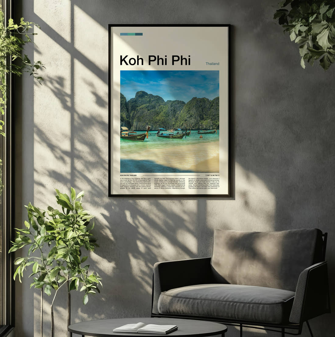 Koh Phi Phi Longtail Boats In Bay Travel Print framed on the wall of a relaxed living room