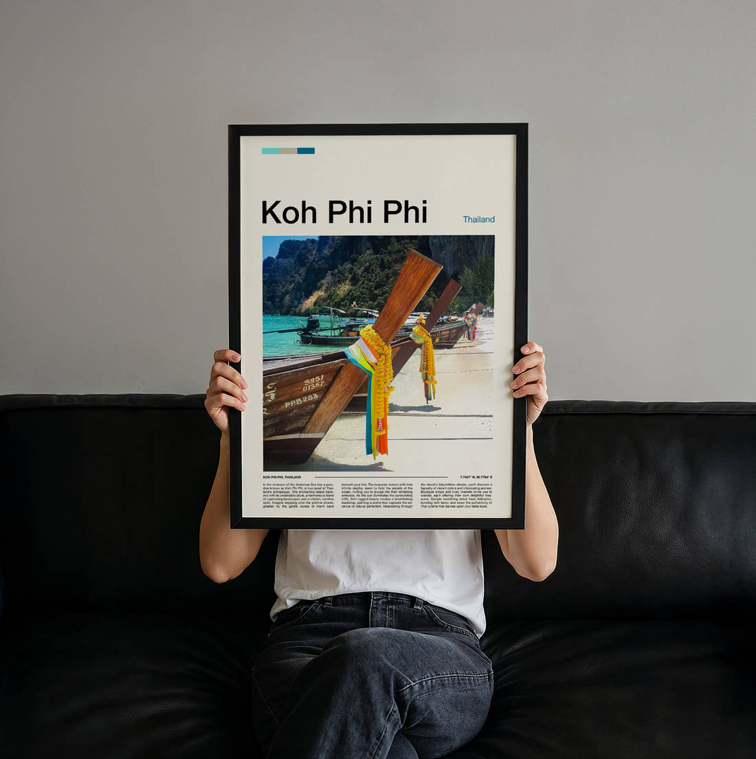 Koh Phi Phi Longtail Boat Bows Travel Print held up by hand to show the size of the print