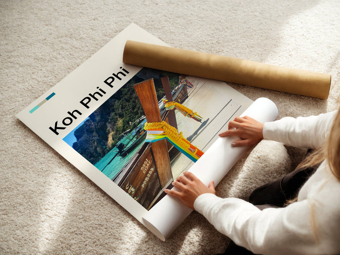 Koh Phi Phi Longtail Boat Bows Travel Print being unrolled from its postal tube