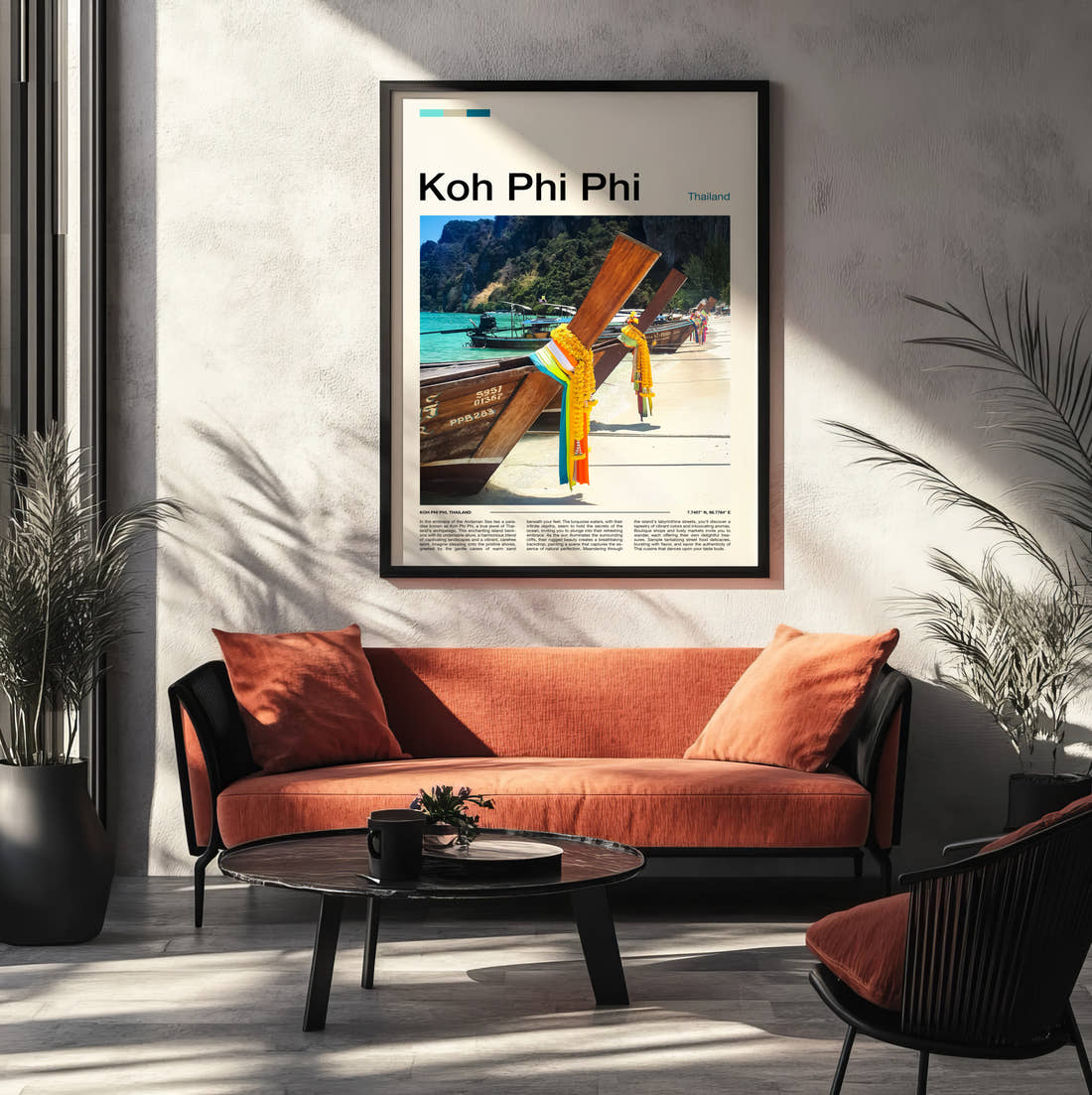 Koh Phi Phi Longtail Boat Bows Travel Print framed on the wall of a modern living room
