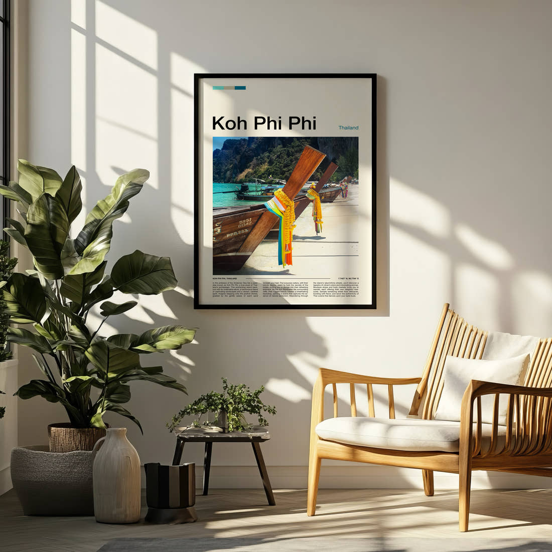 Koh Phi Phi Longtail Boat Bows Travel Print framed on a pale wall beside houseplants