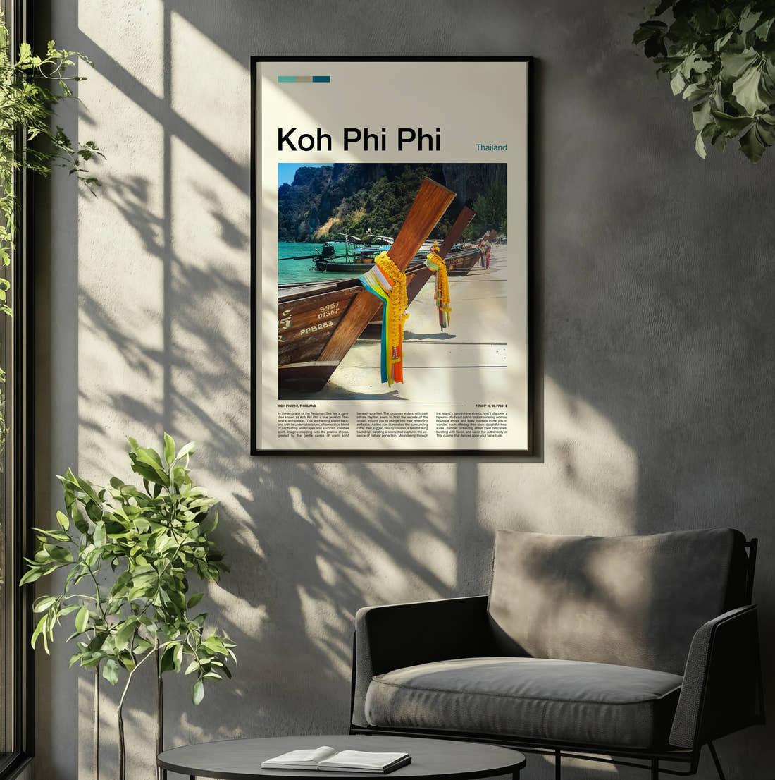 Koh Phi Phi Longtail Boat Bows Travel Print framed on the wall of a relaxed living room