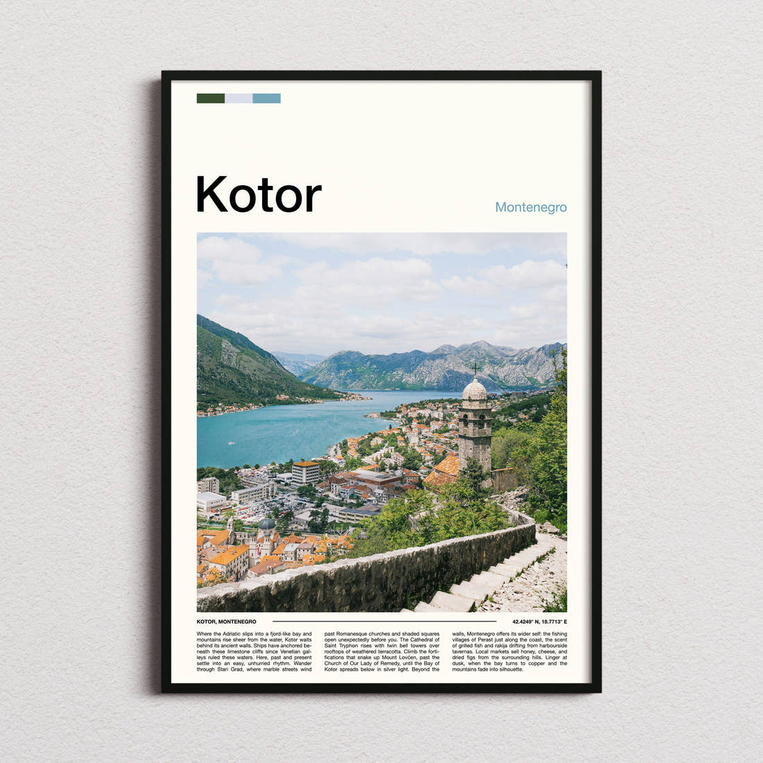 Kotor Bay View From Above Travel Print framed and photographed straight on
