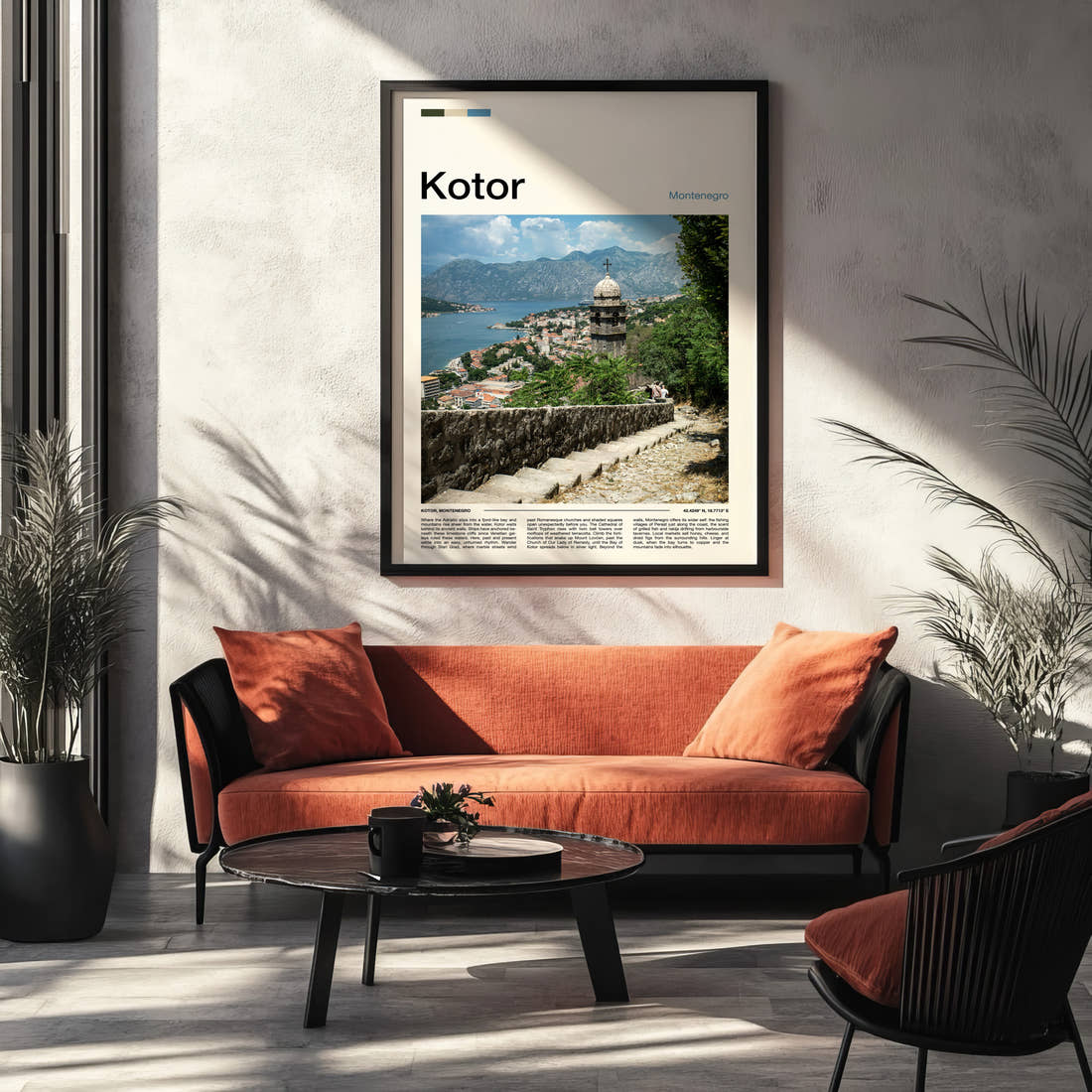 Kotor Bell Tower Overlook Travel Print framed on the wall of a modern living room