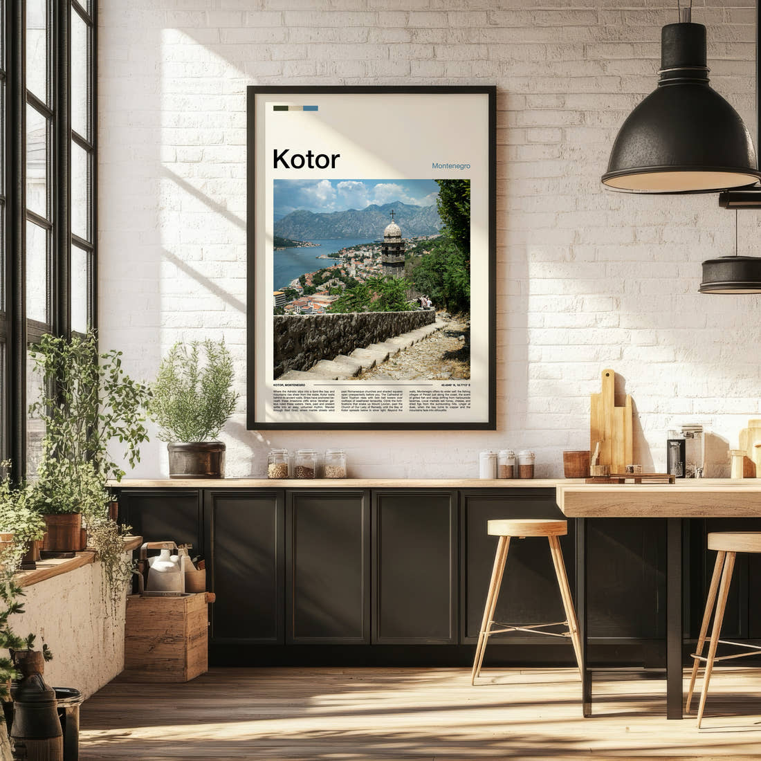 Kotor Bell Tower Overlook Travel Print framed on the wall of a bright kitchen and dining space