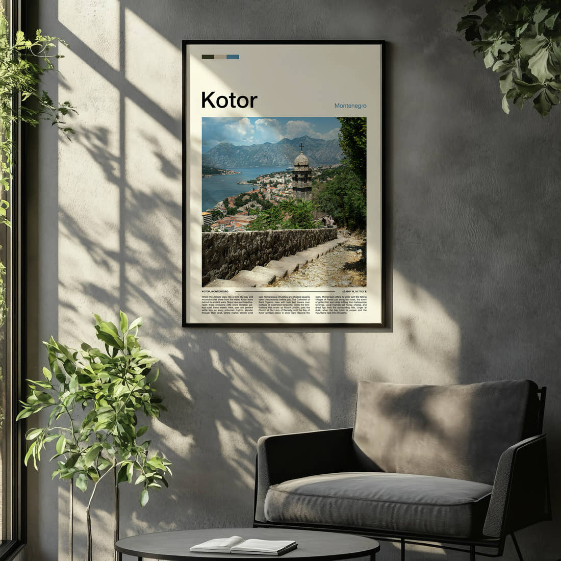 Kotor Bell Tower Overlook Travel Print framed on the wall of a relaxed living room