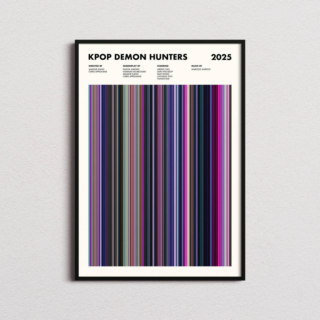 KPop Demon Hunters Movie Barcode Poster framed on a plain studio wall