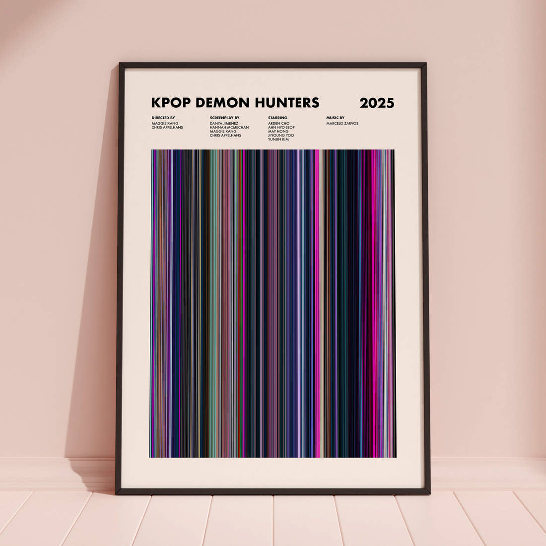 KPop Demon Hunters Movie Barcode Poster framed and leaning against a coloured wall