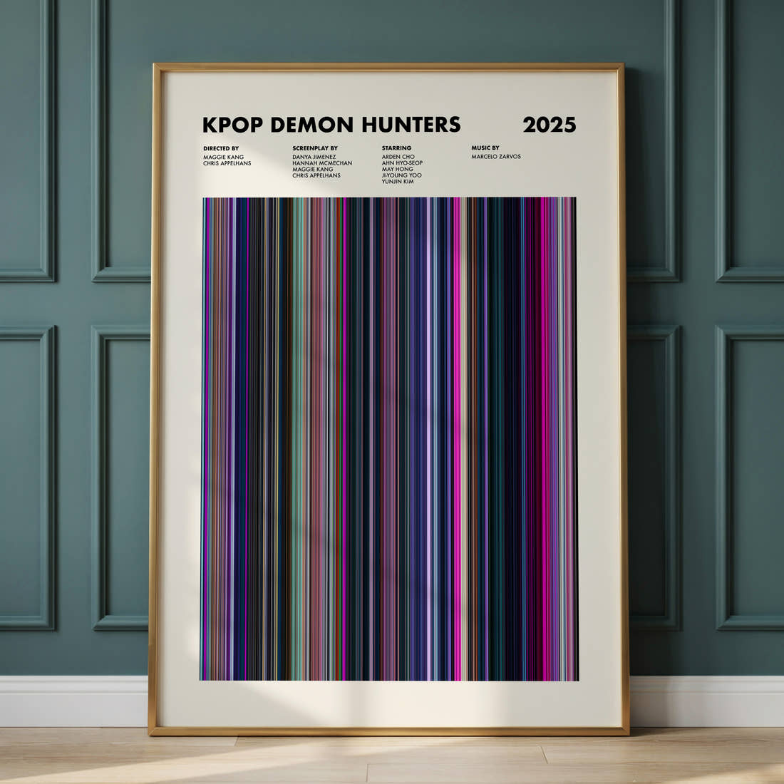 KPop Demon Hunters Movie Barcode Poster framed and leaning against a panelled wall