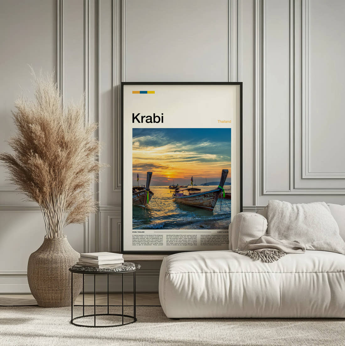Krabi Longtail Boats At Sunset Travel Print framed on the wall of a calm, neutral bedroom