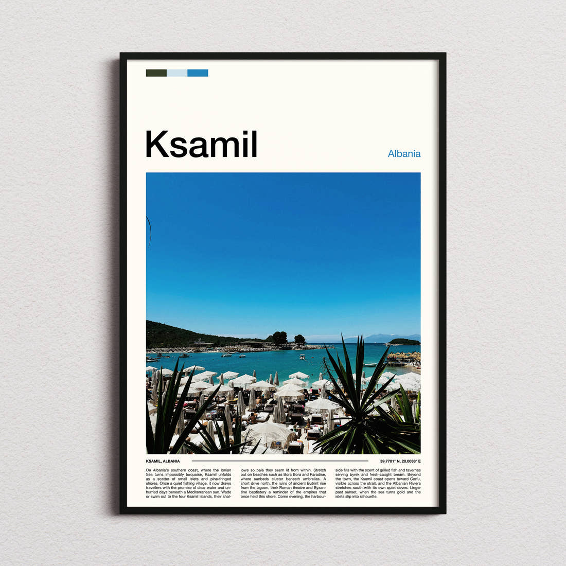 Ksamil Turquoise Beach Umbrellas Travel Print framed and photographed straight on
