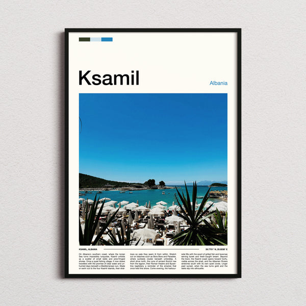 Ksamil Turquoise Beach Umbrellas Travel Print framed and photographed straight on