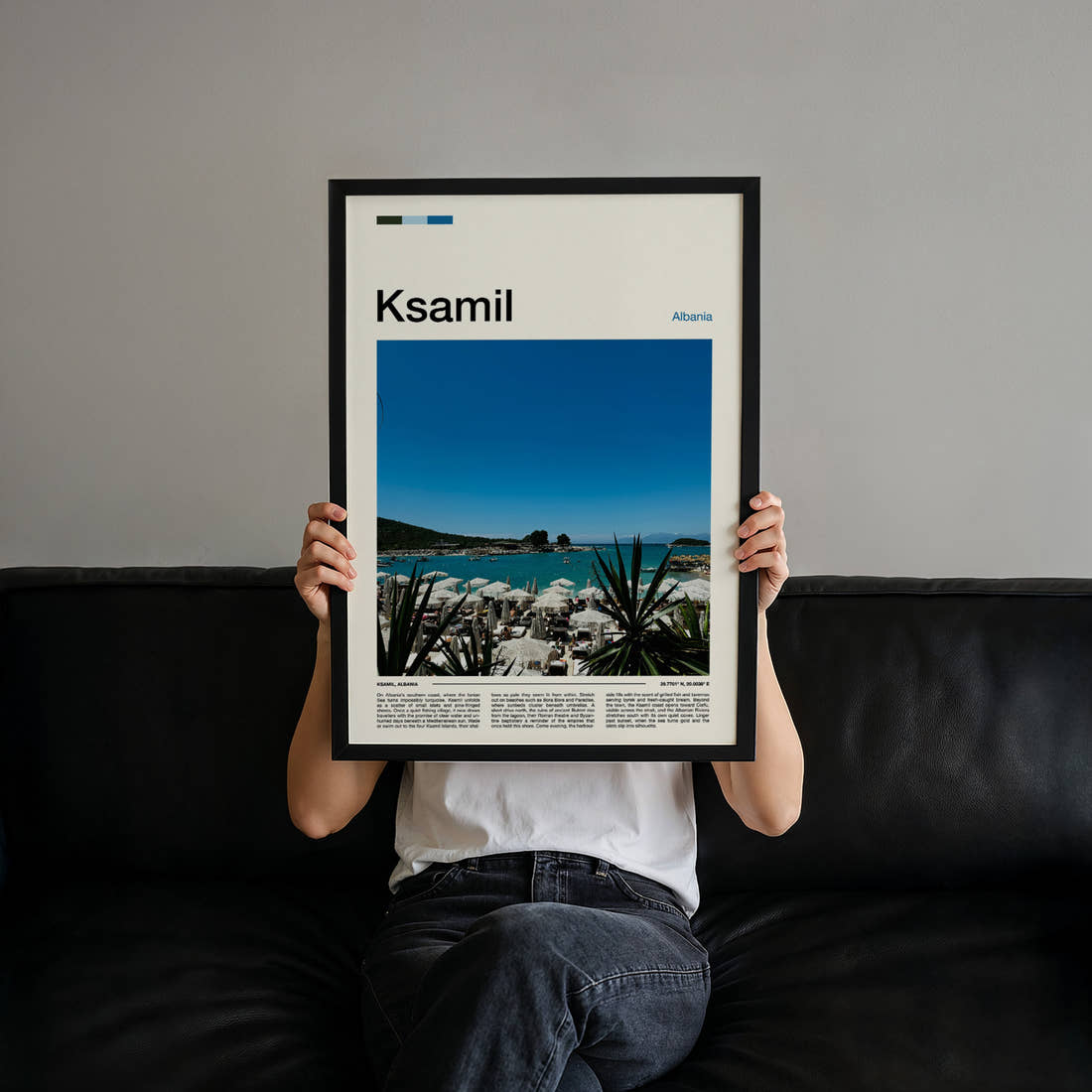 Ksamil Turquoise Beach Umbrellas Travel Print held up by hand to show the size of the print