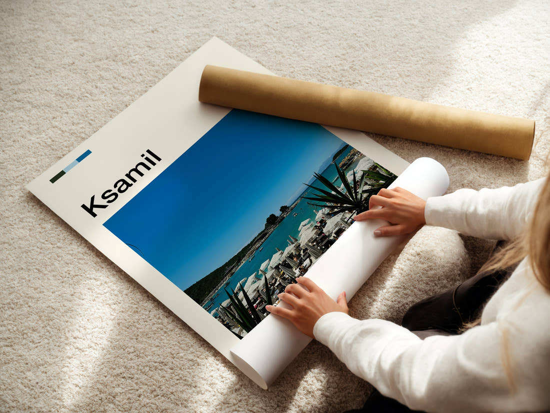 Ksamil Turquoise Beach Umbrellas Travel Print being unrolled from its postal tube