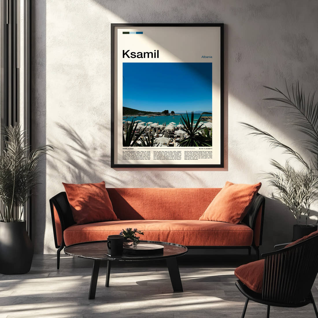 Ksamil Turquoise Beach Umbrellas Travel Print framed on the wall of a modern living room