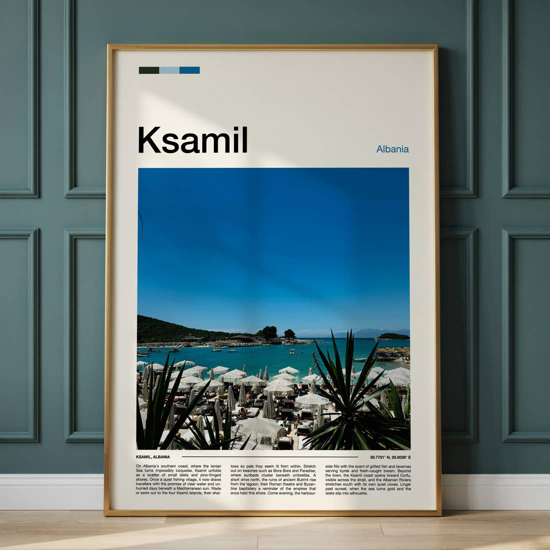 Ksamil Turquoise Beach Umbrellas Travel Print framed on the wall of a calm, neutral bedroom