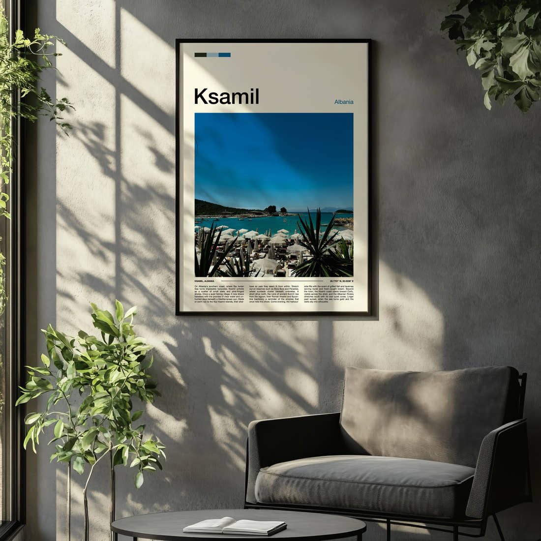 Ksamil Turquoise Beach Umbrellas Travel Print framed on the wall of a relaxed living room