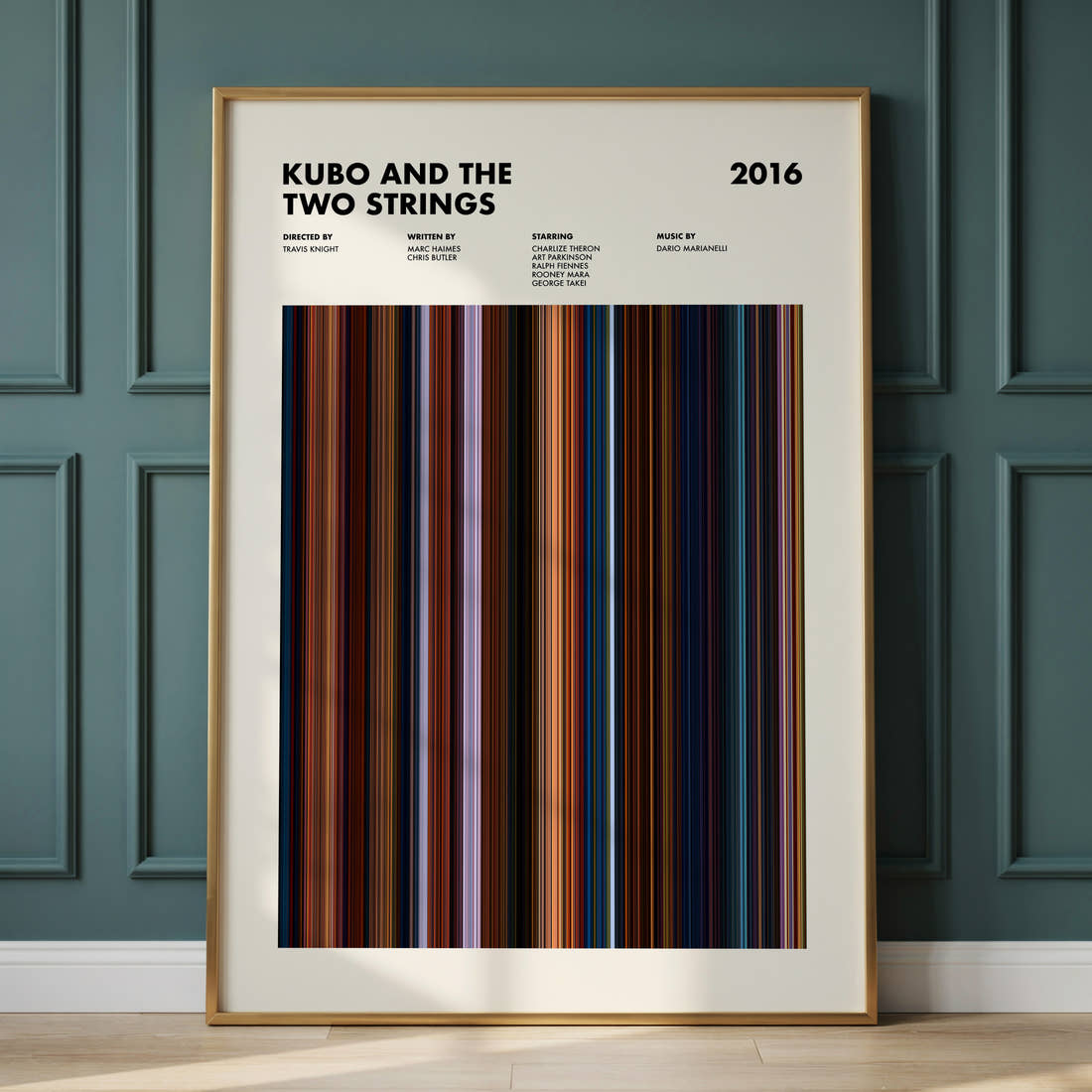 Kubo and the Two Strings Movie Barcode Poster framed and leaning against a panelled wall