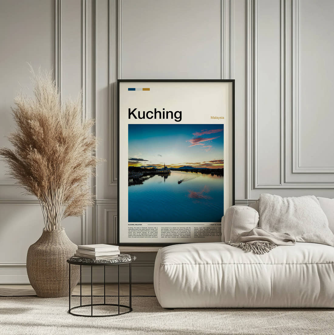 Kuching Sunset Over The River Travel Print framed on the wall of a calm, neutral bedroom