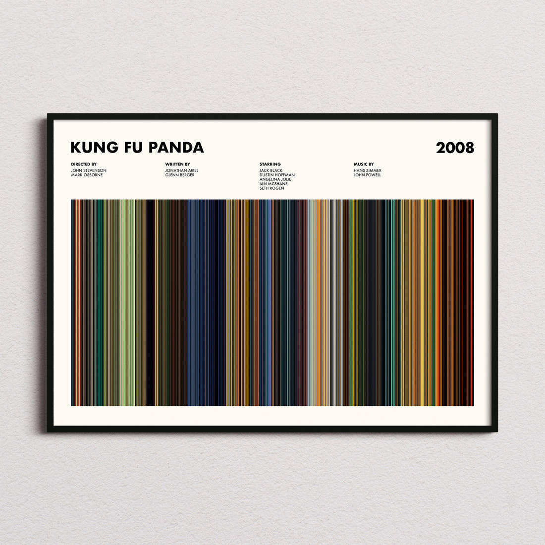 Kung Fu Panda Movie Barcode Poster framed and photographed straight on