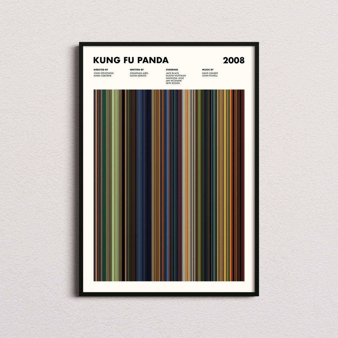 Kung Fu Panda Movie Barcode Poster framed on a plain studio wall