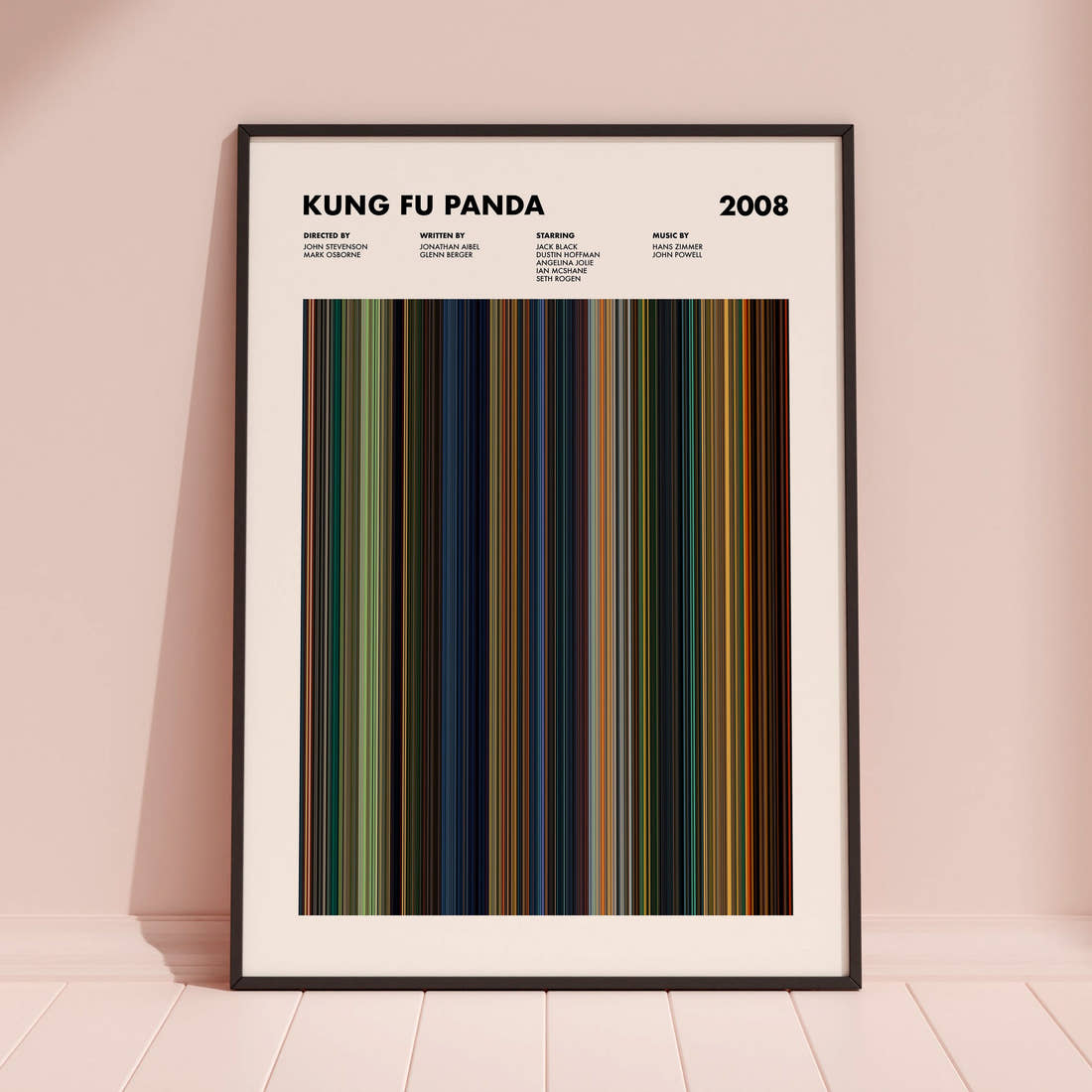 Kung Fu Panda Movie Barcode Poster framed and leaning against a coloured wall