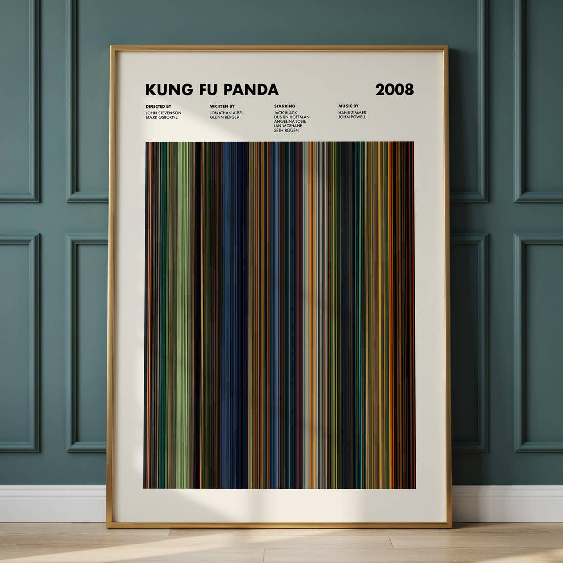 Kung Fu Panda Movie Barcode Poster framed and leaning against a panelled wall