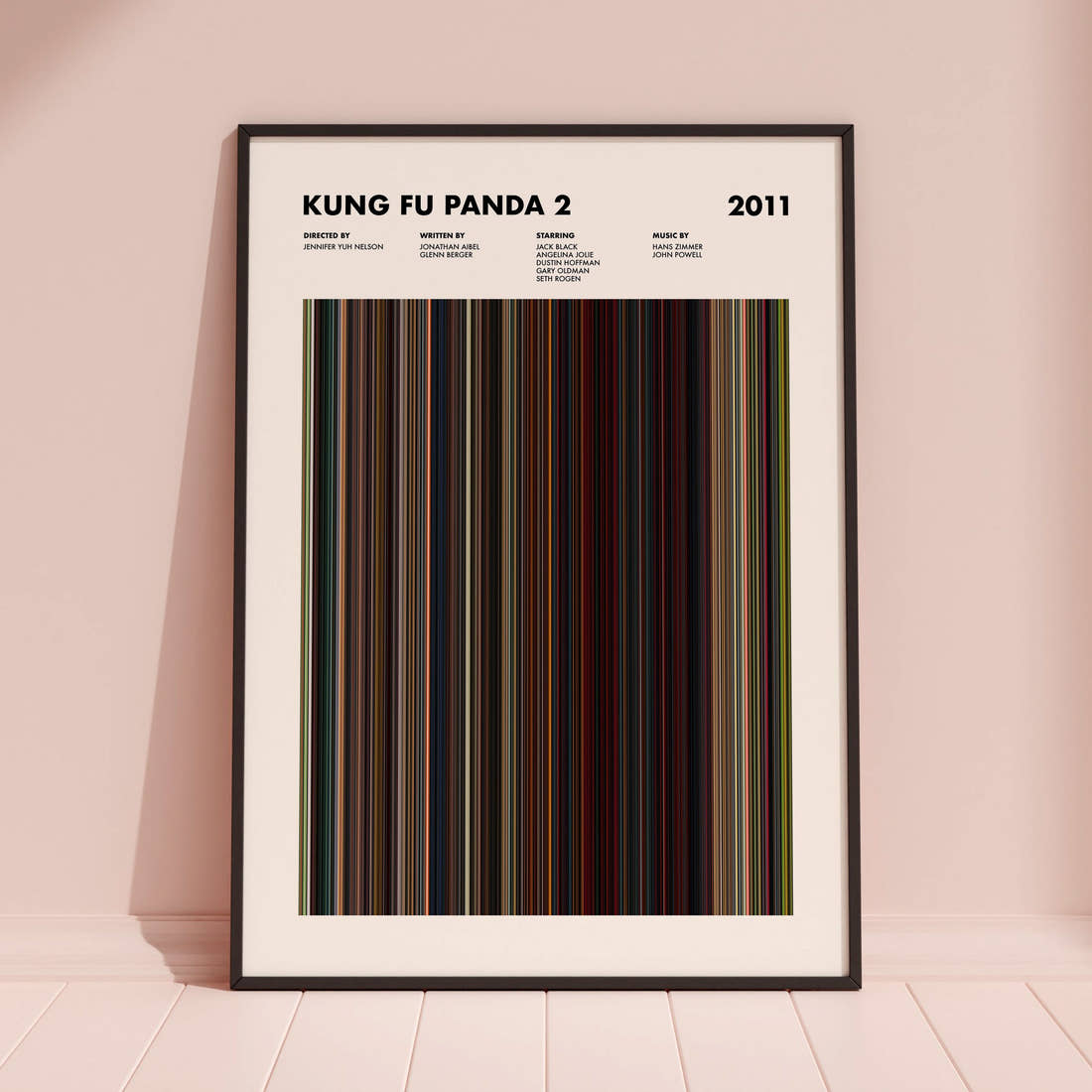 Kung Fu Panda 2 Movie Barcode Poster framed and leaning against a coloured wall