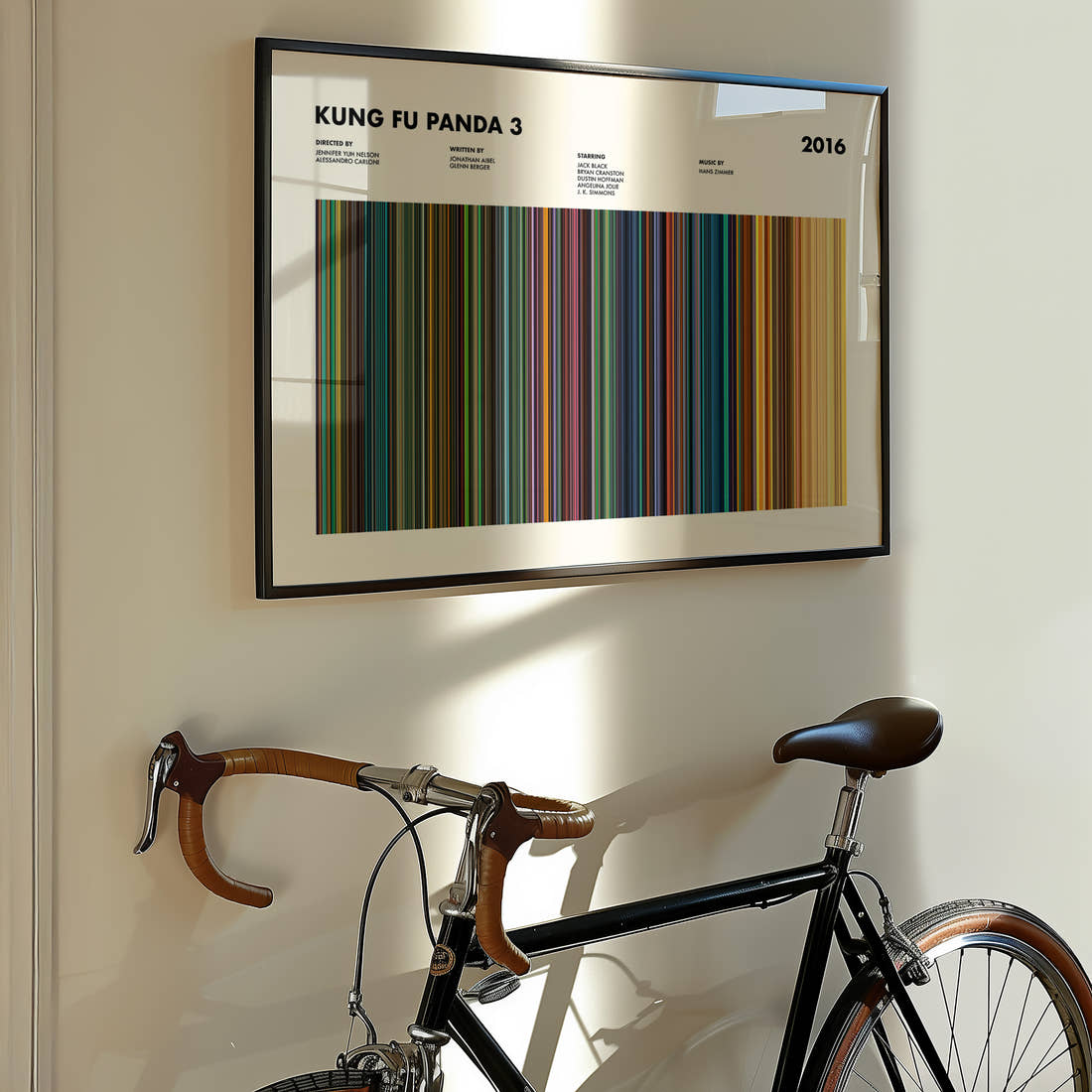 Kung Fu Panda 3 Movie Barcode Poster framed on the wall of a styled room setting