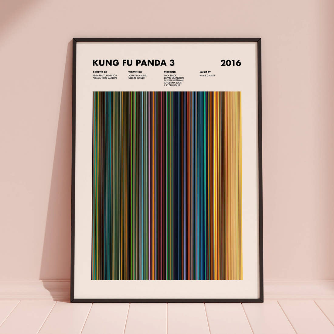 Kung Fu Panda 3 Movie Barcode Poster framed and leaning against a coloured wall