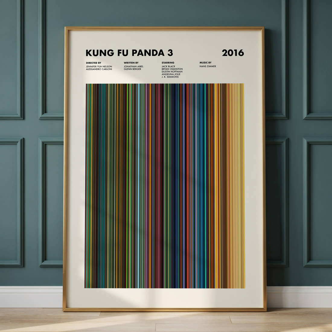 Kung Fu Panda 3 Movie Barcode Poster framed and leaning against a panelled wall