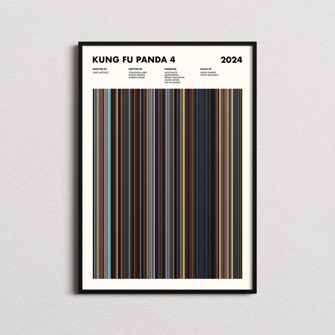 Kung Fu Panda 4 Movie Barcode Poster framed on a plain studio wall