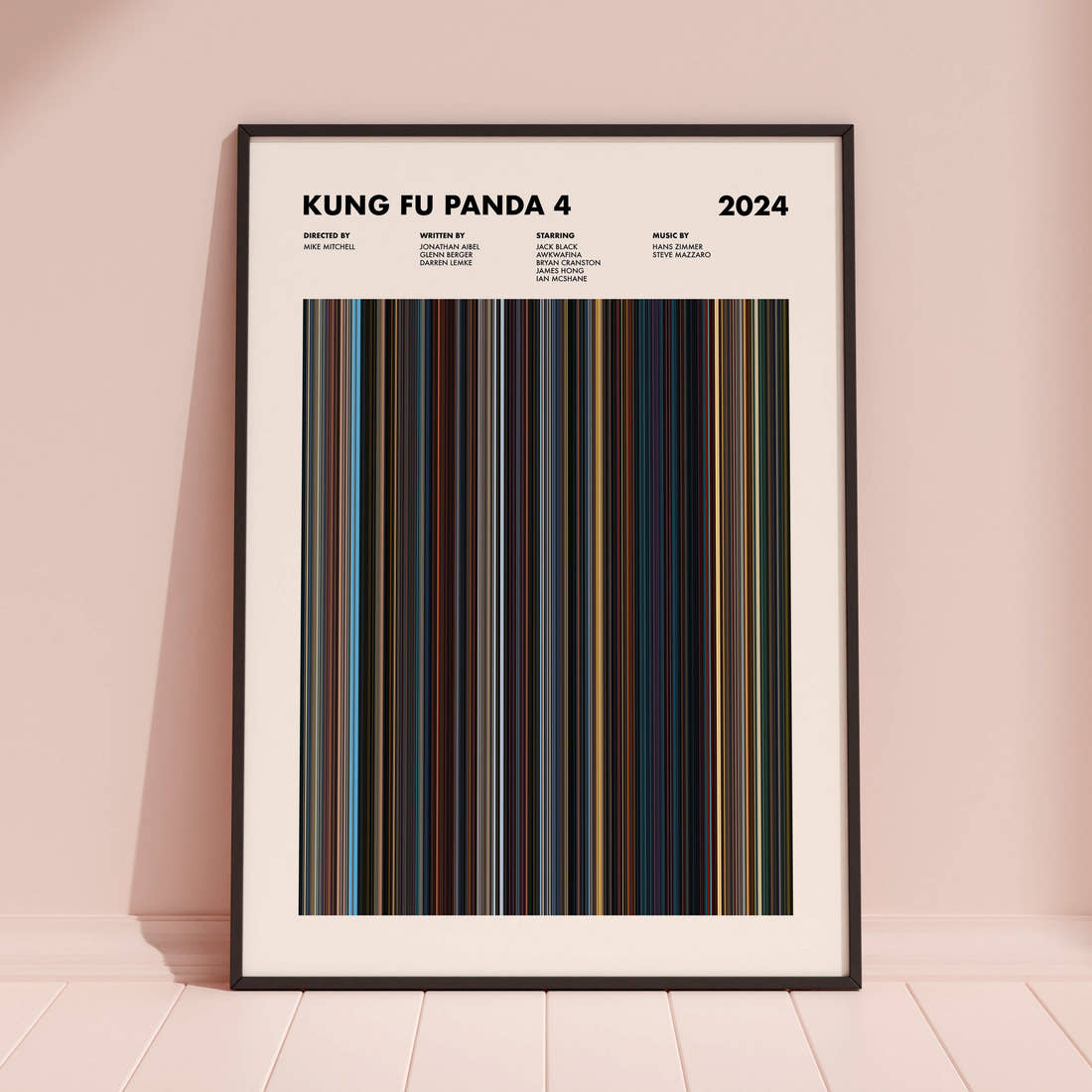Kung Fu Panda 4 Movie Barcode Poster framed and leaning against a coloured wall