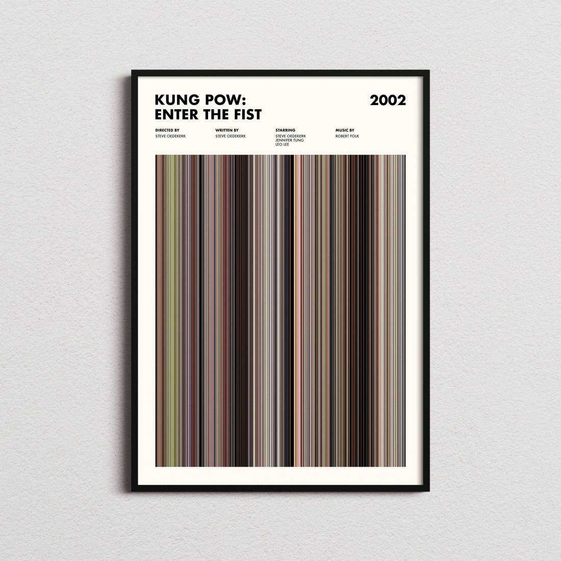 Kung Pow: Enter the Fist Movie Barcode Poster framed on a plain studio wall