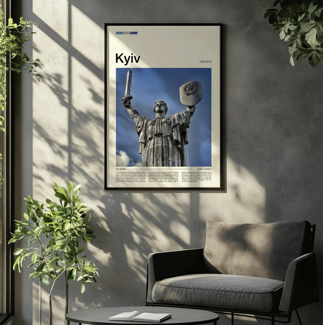 Kyiv Motherland Monument Travel Print framed on the wall of a relaxed living room
