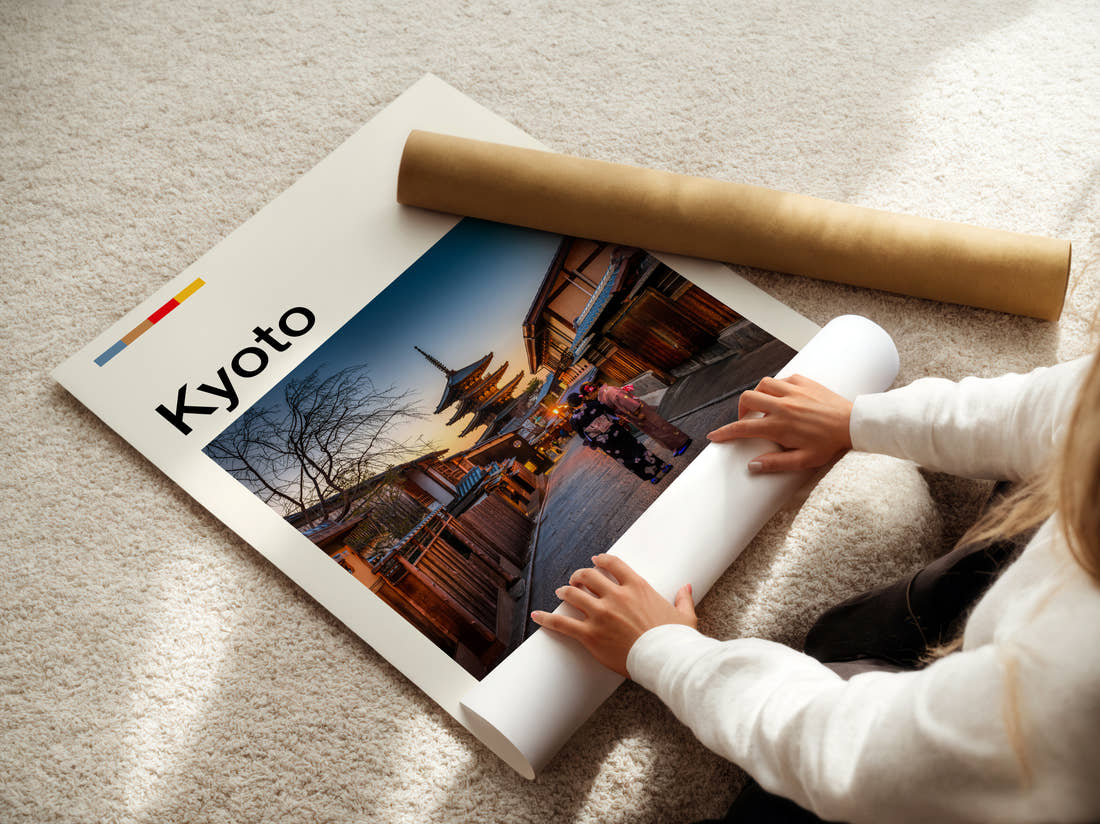 Kyoto Yasaka Pagoda Travel Print being unrolled from its postal tube