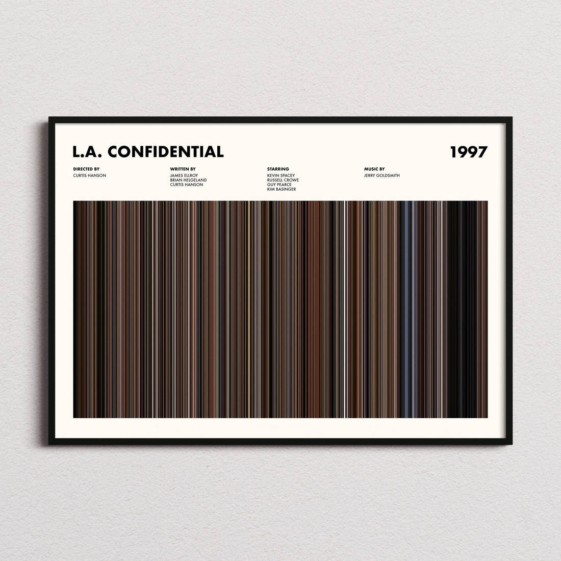 LA Confidential Movie Barcode Poster framed and photographed straight on