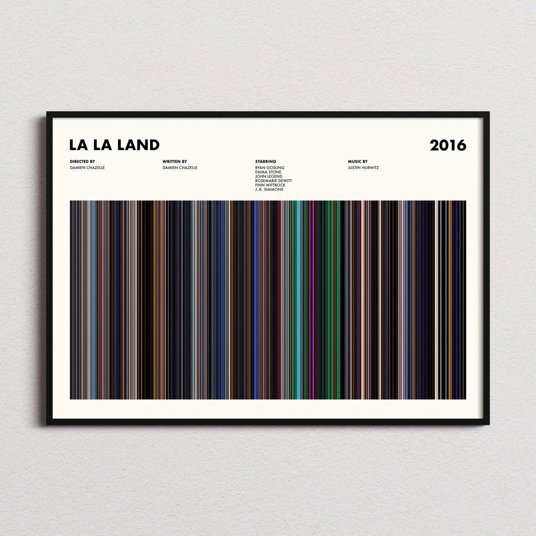 La La Land Movie Barcode Poster framed and photographed straight on