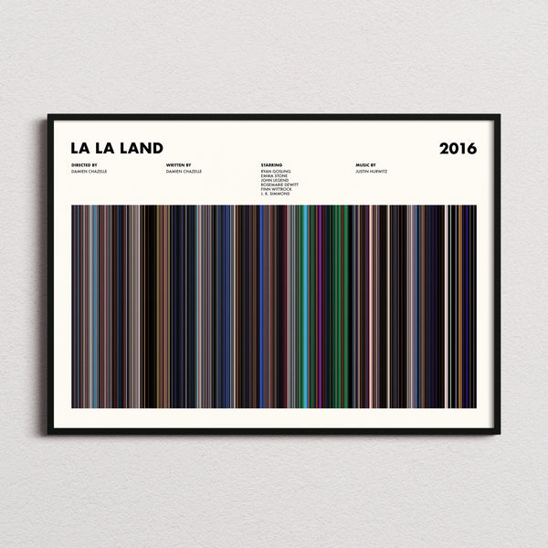 La La Land Movie Barcode Poster framed and photographed straight on