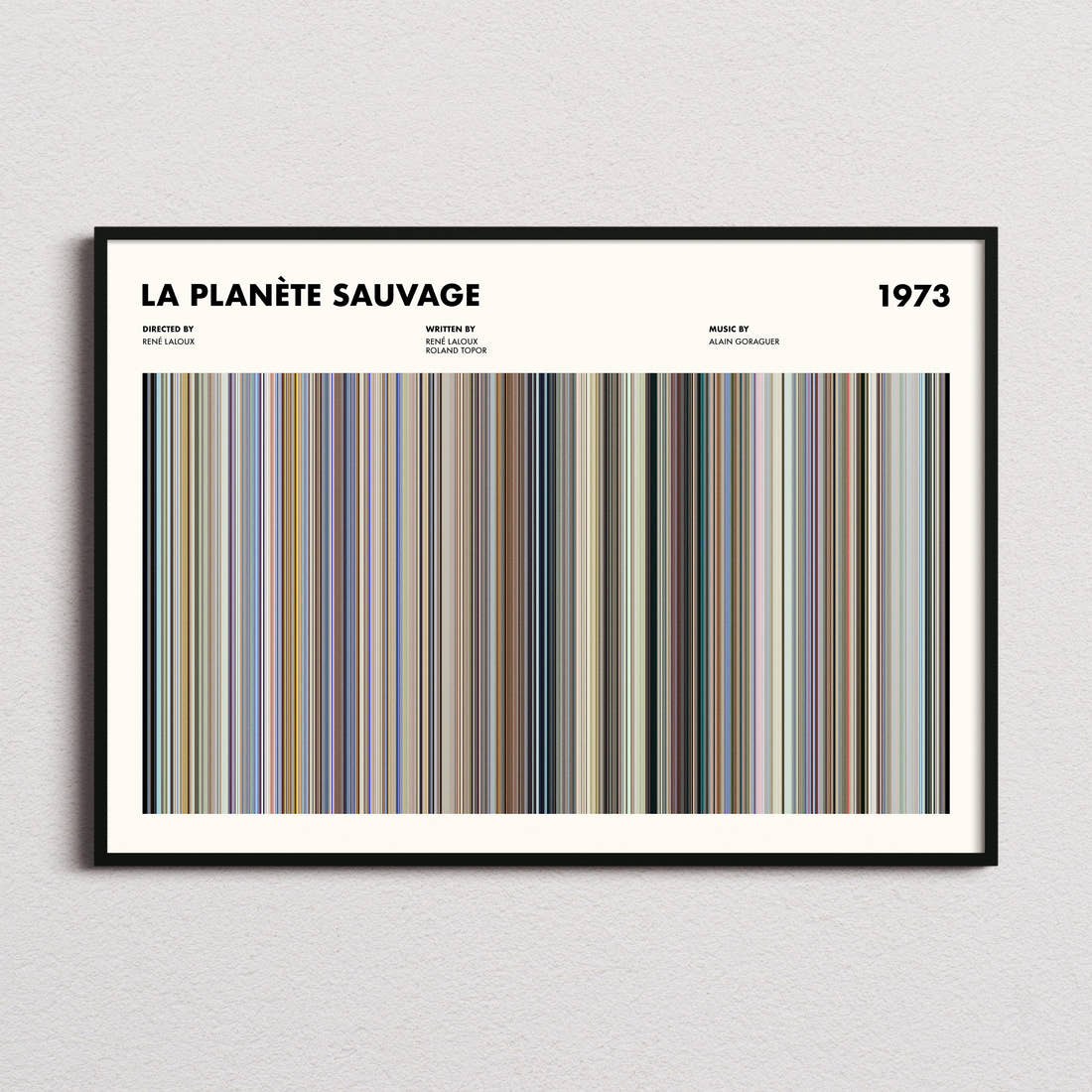 La Planète Sauvage Movie Barcode Poster framed and photographed straight on