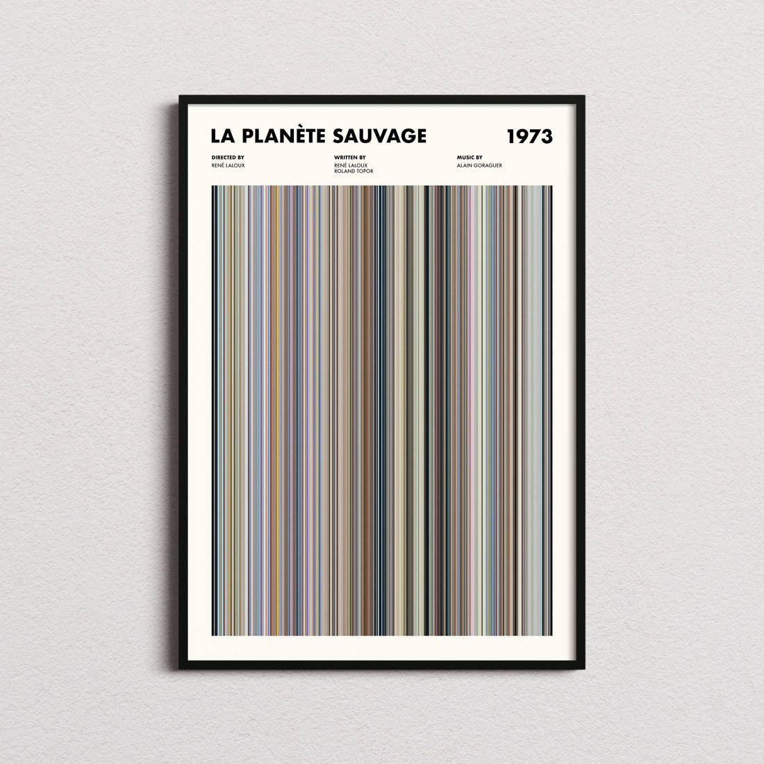La Planète Sauvage Movie Barcode Poster framed on a plain studio wall