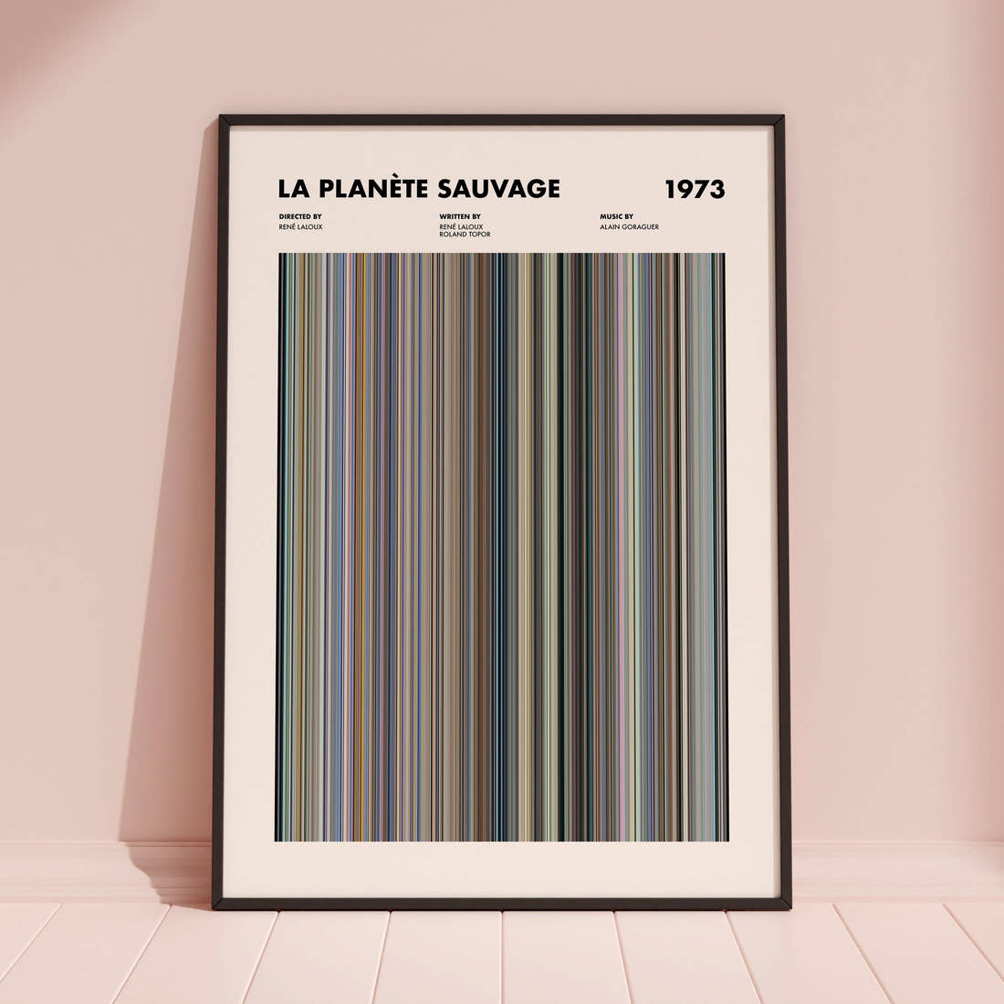 La Planète Sauvage Movie Barcode Poster framed and leaning against a coloured wall