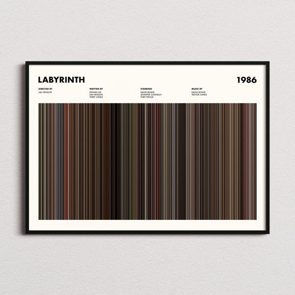 Labyrinth Movie Barcode Poster framed and photographed straight on